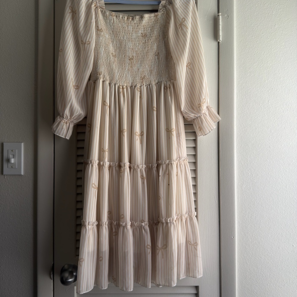 Cream Tiered Smocked Midi Dress with Bow Print